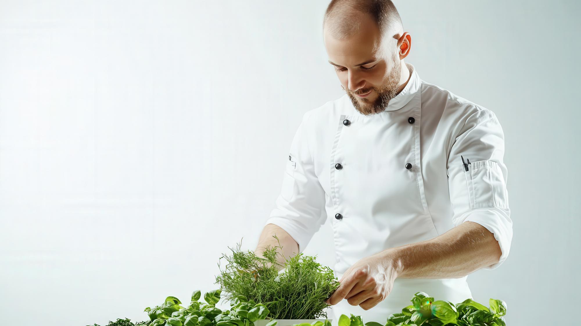 Chef che taglia erbe fresche in cucina moderna